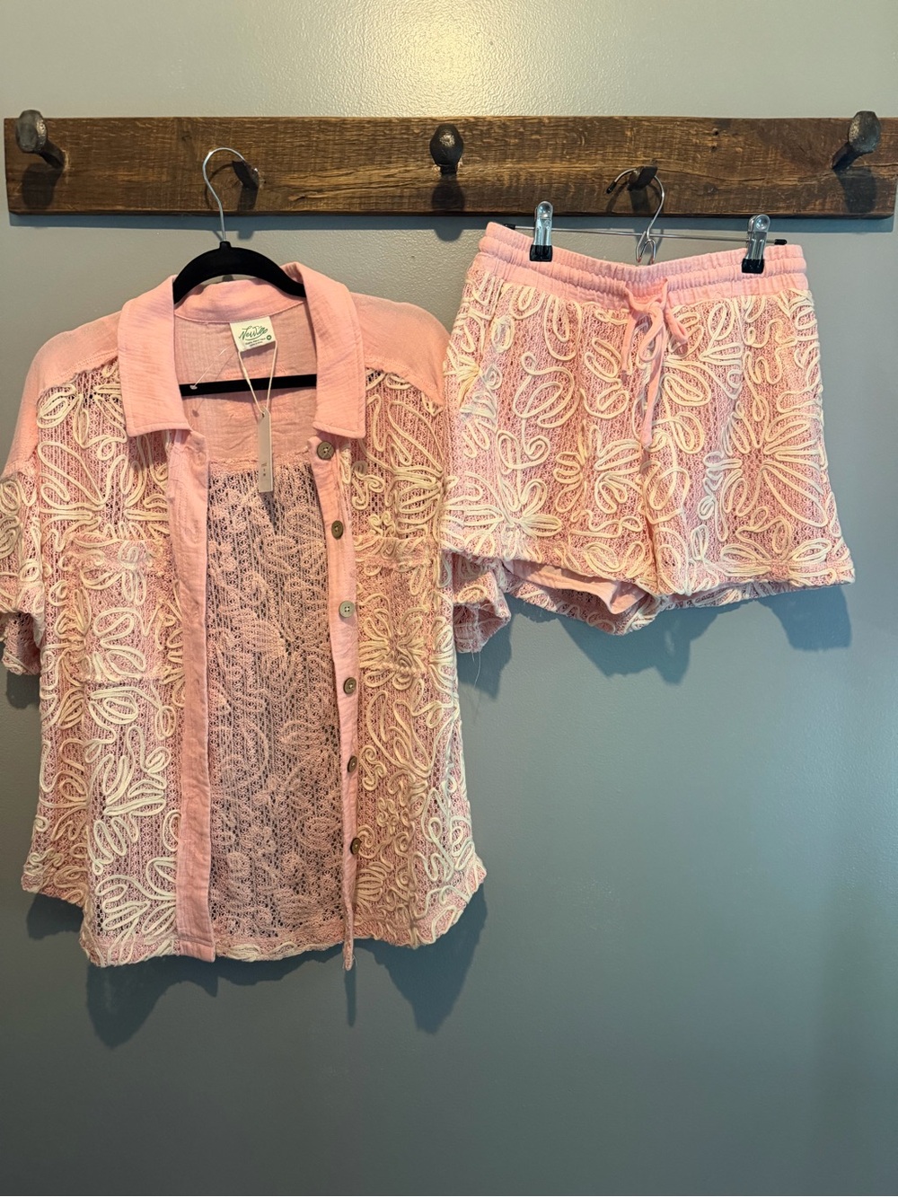 Very J Light Pink Lace Short Set with Overlay